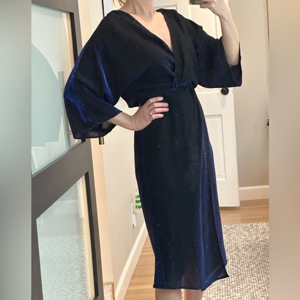 Zara Midnight Blue Shimmer Sparkle V-Neck Crossover Dress Size Medium - Picture 2 of 7